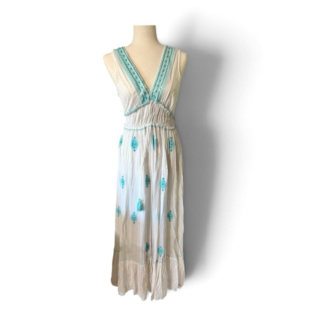 Ananta Bohemian Seraphena Pastel Maxi Day Dress Ivory Aqua Cottagecore Sz: S/M